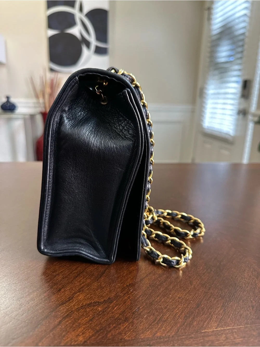 CHANEL Black Quilted Lambskin Shoulder Bag with Gold Chain Detail
